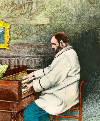 オルガンを弾くエミール・ゾラ（1840-1902）の肖像。デムーランによるエングレーヴィング（19世紀）。コル。出す。 作： Fernand Desmoulin