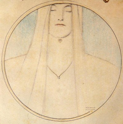 女性の頭」（パステル・紙） 作： Fernand Khnopff