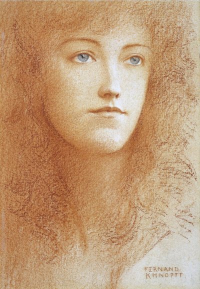「若い英国人女性の肖像」フェルナン・クノップフ作紙のサングイネ（1858-1921）1890年頃個人コレクション 作： Fernand Khnopff