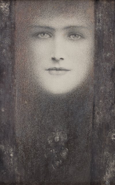 マスク、黒いカーテン、1909年頃（紙に白で強調された色のチョーク） 作： Fernand Khnopff