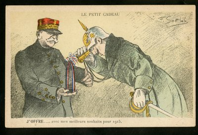 はがき、色の風刺、約。 1914_12: 1915 年のご多幸をお祈りしてささやかな贈り物を差し上げます - 14 -18 年の戦争、カノン、砲弾 - ウィリアム 2 世、ジョッフル イラスト: Gottlob (1873-1935) 作： Fernand Louis Gottlob
