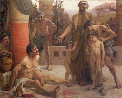 スパルタ人が酔っ払った奴隷を息子たちに指摘する場面 作： Fernand Sabbate