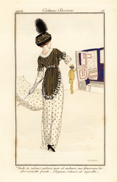 プリントされたシースドレスにペキネ・ベルベットのウエストコートを着た女性 作： Fernand Siméon