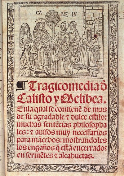 The Celestina または The Tragicomedy of Callisto and Melibea の表紙の羊皮紙のミニチュア。 作： Fernando de Rojas