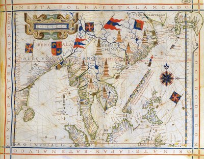 ポルトガルの地図製作者フェルナオ・ヴァズ・ドゥラド（c1520-c1580）による1571年のメルカトル以前の平面図。東インド、ベンガル湾、中国東南部、タイ、ボルネオ、日本の地図。北回帰線と命名されている。 作： Fernao Vaz Dourado