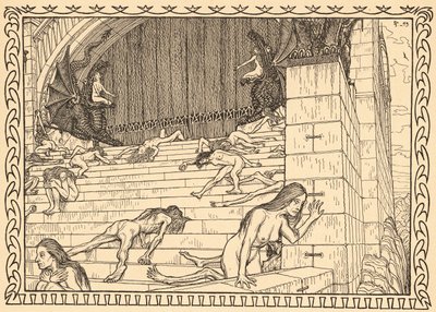 行為の神殿の前、プレート 7、ポートフォリオ「Lebenszeichen」から、パブ。 1908 年、ベルリンで Fritz Heyder Verlag 作 作： Fidus (1868 1948)