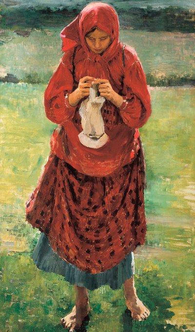 ストッキングを編む若い農民の女性 作： Filipp Andreevich Maliavin