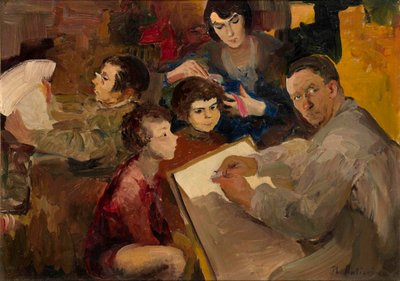 家族との自画像 - Filipp Andreyevich Maliavin (Maliavine) (または Andreyevich Malyavin) (1869-1940) による絵画、キャンバスに油彩 (46.5x64.5 cm)、ロシア美術、19 世紀後半から 20 世紀初頭 - 個人蔵 作： Filipp Andreevich Maliavin
