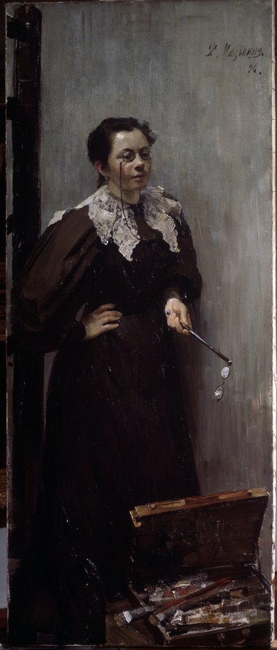 芸術家アンナ・オストロモヴァ・レベデヴァ (Ostroumova-Lebedeva) (1871-1955) の肖像 (芸術家 A. Ostroumova の肖像)。 双眼鏡を鼻に当て、双眼鏡を手に持って、塗装機器の後ろに立って表現されています。 フィリップ・アンドの絵 作： Filipp Andreevich Maliavin
