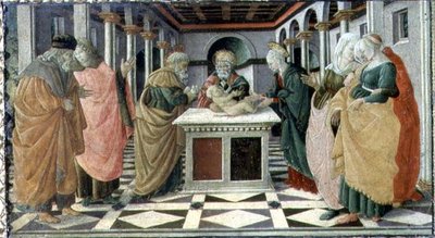 神殿での奉納」（市民博物館の「キリスト降誕祭」祭壇画のプレデラパネル 作： Filippino (and workshop) Lippi