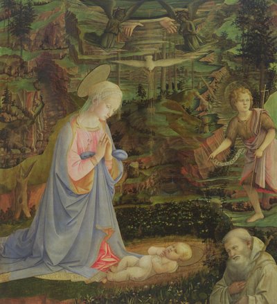 幼児の聖ヨハネと聖ロムアルドとの子供の崇拝（パネル上のテンペラ） 作： Filippino Lippi
