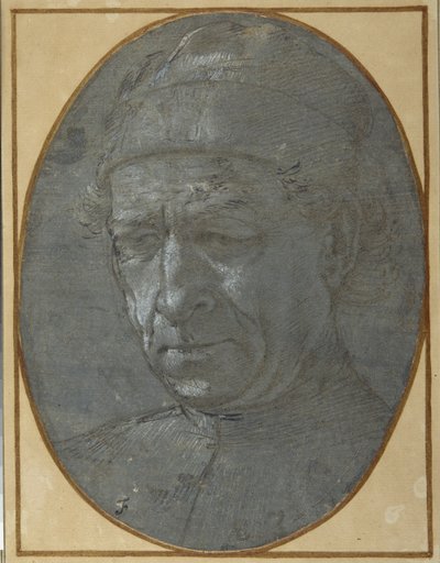 帽子をかぶった老人の頭部（青みがかった灰色の下敷きにメタルポイント 作： Filippino Lippi