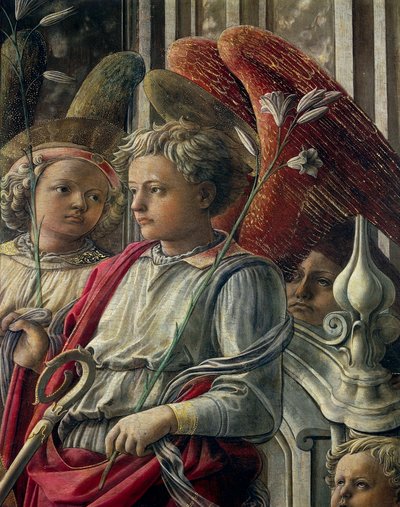 フィリッポ・リッピ（約1406-1469）による「天使と聖人のいる聖母子」（「聖霊の聖母」または「バルバドーリの祭壇画」とも呼ばれる）、木にテンペラ、208x244cm。 作： Filippino Lippi