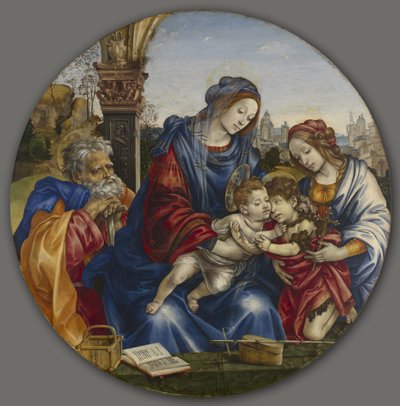 聖家族と洗礼者ヨハネと聖マーガレット」1495年頃（木にテンペラと油彩 作： Filippino Lippi