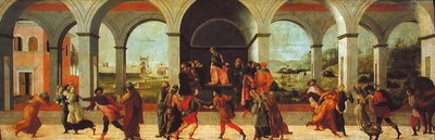 バージニアの歴史からの 3 つのシーン (パネルに油彩) 作： Filippino Lippi