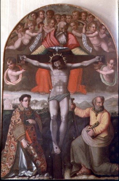 三位一体と聖母マリア祭壇画の中央パネル「ステファノとフィリップ」（パネルにテンペラ） 作： Filippino Lippi