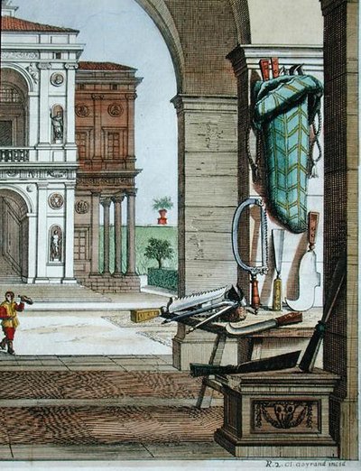 ジョヴァンニ・バッティスタ・フェッラーリ作「ヘスペリデス」より園芸用具、カミッロ・コンジオ（1630年頃）作、1646年出版（彩色済み彫刻）。 作： Filippo (after) Gagliardi