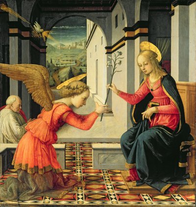 受胎告知」（パネルにテンペラ 作： Filippo (and workshop) Lippi