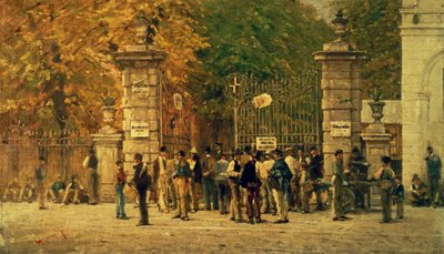 フィリッポ・カルカーノ（1840-1914）が1887年に描いた「1881年の展覧会」の作業中の休憩時間。 作： Filippo Carcano