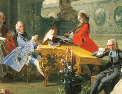 庭でのコンサート、約1750年、フィリッポ・ファルシアトーレ（活動1737-1768）作、油彩・カンヴァス、75.8 x102 cm。詳細イタリア 作： Filippo Falciatore