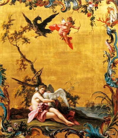 フィリッポ・ファルシアトーレ（1737-1768年活躍）の「レダと白鳥」は、パネルに油彩で描かれています。 作： Filippo Falciatore
