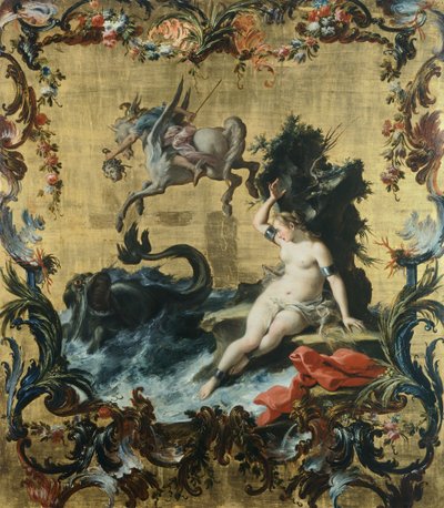 海の怪物からアンドロメダを解放するペルセウス、フィリッポ ファルシアトーレ (1728 年から 1768 年に活躍) 作、パネルに油彩。 作： Filippo Falciatore