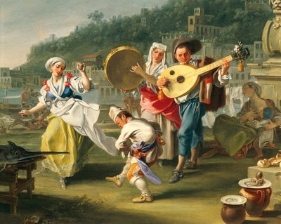 メルジェリーナのタランテッラ」1750年頃、フィリッポ・ファルシアトーレ（1737-1768年活躍）作、油彩・カンヴァス、76,2x102cm、詳細、イタリア 作： Filippo Falciatore