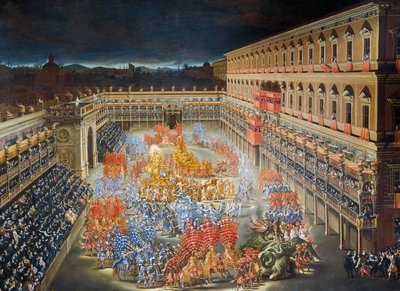 フィリッポ ラウリ (1623-1694) とフィリッポ ガリアルディ (1606-1659) の絵画、1656 年にスウェーデンのクリスティーヌ女王がローマに到着したことを記念して、パラッツォ バルベリーニで祝賀会 作： Filippo and Gagliardi Filippo Lauri