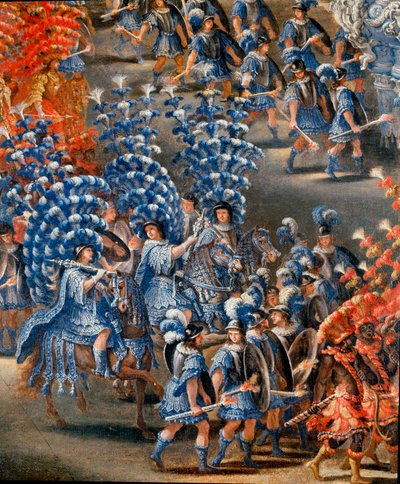 1656年2月28日、クリスティーヌ・ド・スウェード（Cristina di Svezia）を称えるバルベリーニ宮のフェット 詳細。フィリッポ・ラウリ(1623-1694)とフィリッポ・ガリアルディ(1659年没)による絵画。17世紀のローマ、ローマ博物館 作： Filippo Lauri