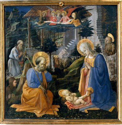 聖ヨセフ、聖ヒラリオン、聖マドレーヌ、天使たちを従えた幼子の礼拝 フィリッポ・リッピ（1406-1469）による木版デトレンプ 1455年頃 フィレンツェ、ウフィツィ美術館（オフィス） - 聖ヨセフ、聖ヒラリオン、マグダラのマリア、聖イラを従えた礼拝像 作： Filippo Lippi