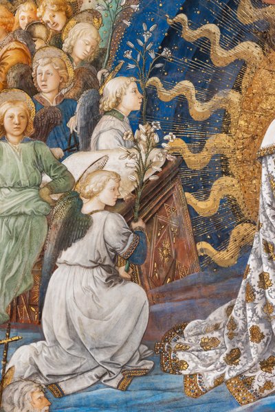 ユリを持つ天使、純潔の象徴である花、マリアの戴冠式の詳細 作： Filippo Lippi