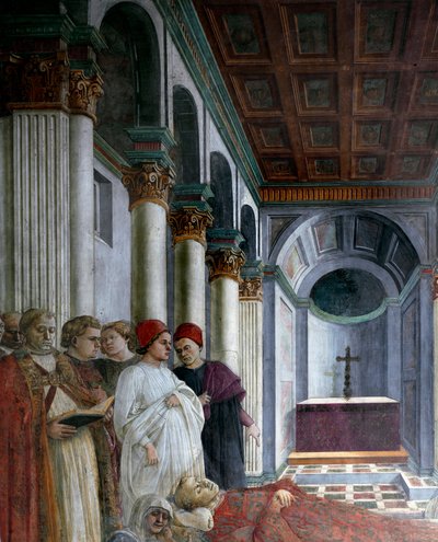 聖ステファノの生涯を描いたサイクル："聖ステファノの葬儀"(聖ステファノの葬儀） 詳細Filippo Lippi（約1406-1469）によるフレスコ画 1452-1465 Prato, Cattedrale di Santo Stefano (Duomo) イタリア - 聖ステファノの生涯にまつわる物語。葬儀。 作： Filippo Lippi