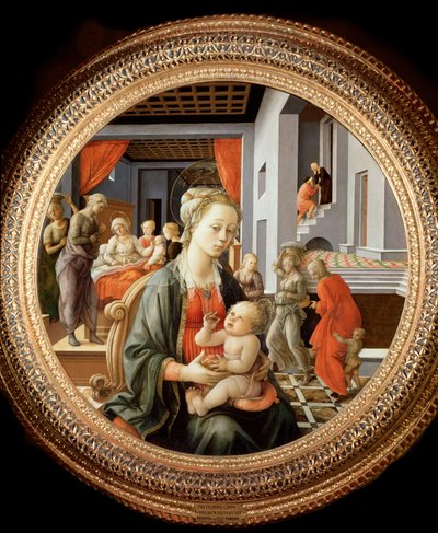 聖母と子供」「聖アンナの生涯からの場面」-パネルに油彩、1450年頃 作： Filippo Lippi