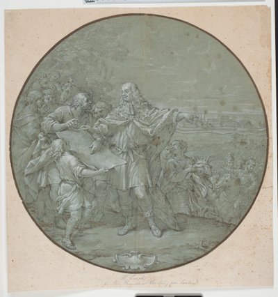 Cosimo III はリヴォルノ港を強化します。 いわゆる「piatti di S. Giovanni」の 1 つであるシルバー プレート用の描画されたテンプレート 作： Filippo Luzi