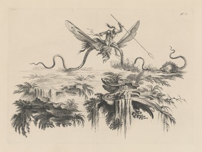ヤマアラシに似た野生の獣と戦う翼のある蛇に乗った野蛮人 作： Filippo Morghen