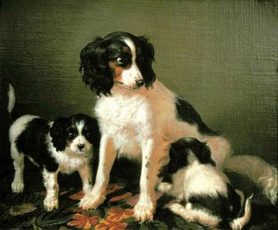 スパニエルと2匹の子犬（油彩・キャンバス） 作： Filippo Palizzi
