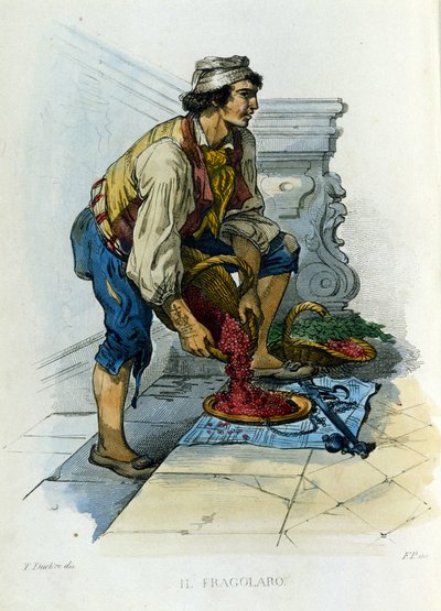 ナポリ市の小商い：ナポリのイチゴ商人「フラゴローロ」。F.パリッツァの絵画をもとにしたエングレーヴィング。フランチェスコ・デ・ブールカードの作品 "Costumi del regno di Napoli" より。 作： Filippo Palizzi