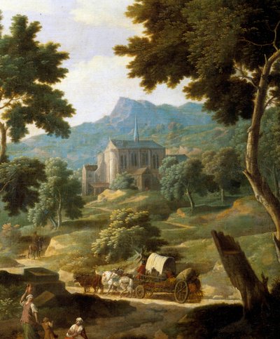 教会のある風景 フィリッポ ベラリ (Veralli または Veraldi) による絵画の詳細 (17 世紀) オルレアン美術館 作： Filippo Verali