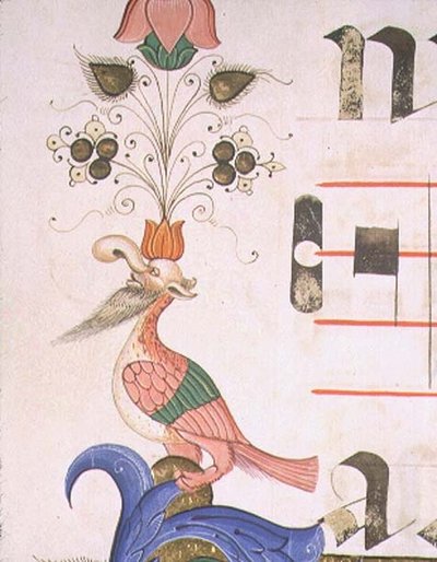 Missal 515 f.120v 人間の頭を持つグロテスクな鳥、1449年以前に制作された合唱曲集の装飾的な境界線の詳細（ヴェラム製 作： Filippo di Matteo Torelli