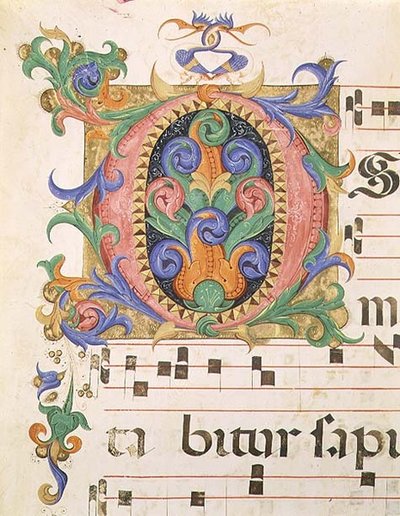 Missal 515 f.123r 葉と空想上の鳥で装飾された頭文字「O」、1449年以前に制作された聖歌隊の楽譜の細部（ヴェラム製） 作： Filippo di Matteo Torelli