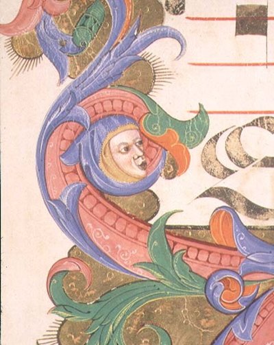 Missal 515 f.156r 1449年以前に制作された合唱曲集の装飾枠の詳細、マントをつけた頭を持つ象形の葉っぱ。 作： Filippo di Matteo Torelli