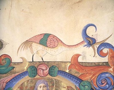Missal 515 f.169r 幻想的な鳥、1449年以前の合唱曲集の歴史的なイニシャルを囲む装飾の詳細（ヴェラム）（56720の詳細） 作： Filippo di Matteo Torelli