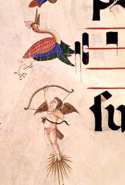 Missal 515 f.5r 弓と目に見えない矢でコウノトリを射るケルブ、1449年以前に制作された聖歌隊の本の装飾枠の詳細（ヴェラム製） 作： Filippo di Matteo Torelli