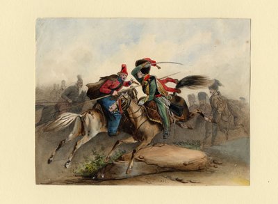 ロシアのコサックとの戦闘における帝国警備隊のフランスの馬の猟騎兵、c。 1830年 作： Finert