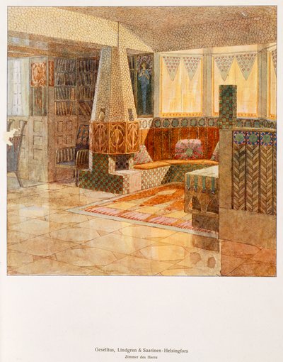 Gesellius、Lindgren、Sarrinen-Helsingforsによってデザインされた紳士部屋、ドイツの出版物c.1895から 作： Finnish School