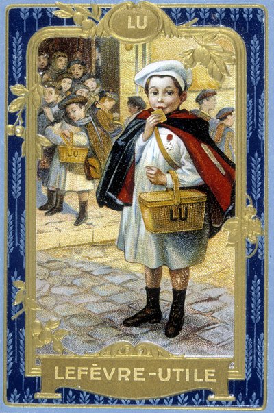 クッキー「ルフェーヴル-ユーズフル」の宣伝。ル」（学童）。Firmin Bouissetの原画に基づく19世紀のクロモリトグラフ。 作： Firmin (after) Bouisset