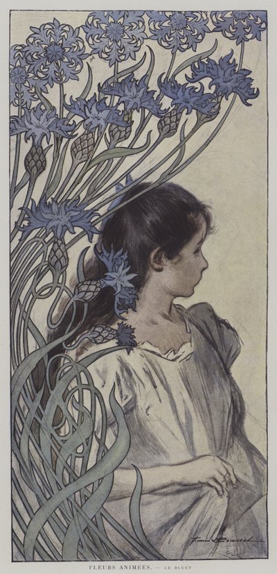 Fleurs Animees.Le Bluet.アニメの花：ヤグルマギク」（カラーリトグラフ 作： Firmin (after) Bouisset