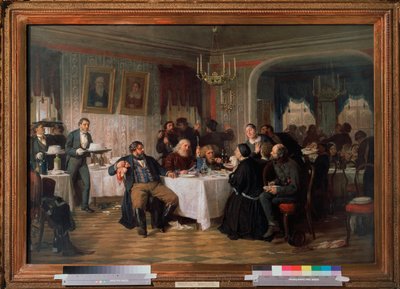 商人の葬式の宴会 - Firs Sergeevich Zhuraviev (1836-1901) による絵画、キャンバスに油彩、1870 年頃、ロシア美術 19 世紀 - State Tretyakov Gallery、モスクワ 作： Firs Sergeevich Zhuravlev