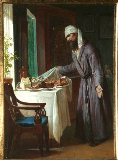 朝の二日酔い - モミの絵 Sergeevich Zhuravlev (1836-1901)、キャンバスに油彩、40x29.6 cm、19 世紀後半 - 個人蔵 作： Firs Sergeevich Zhuravlev