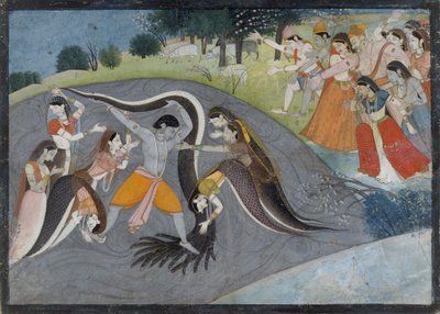 クリシュナ・スブドゥン・カリア、ザ・スネーク・デーモン：バーガヴァタ・プラーナ・シリーズのフォリオ、ca. 1785年。 作： First generation after Manaku and Nainsukh.
